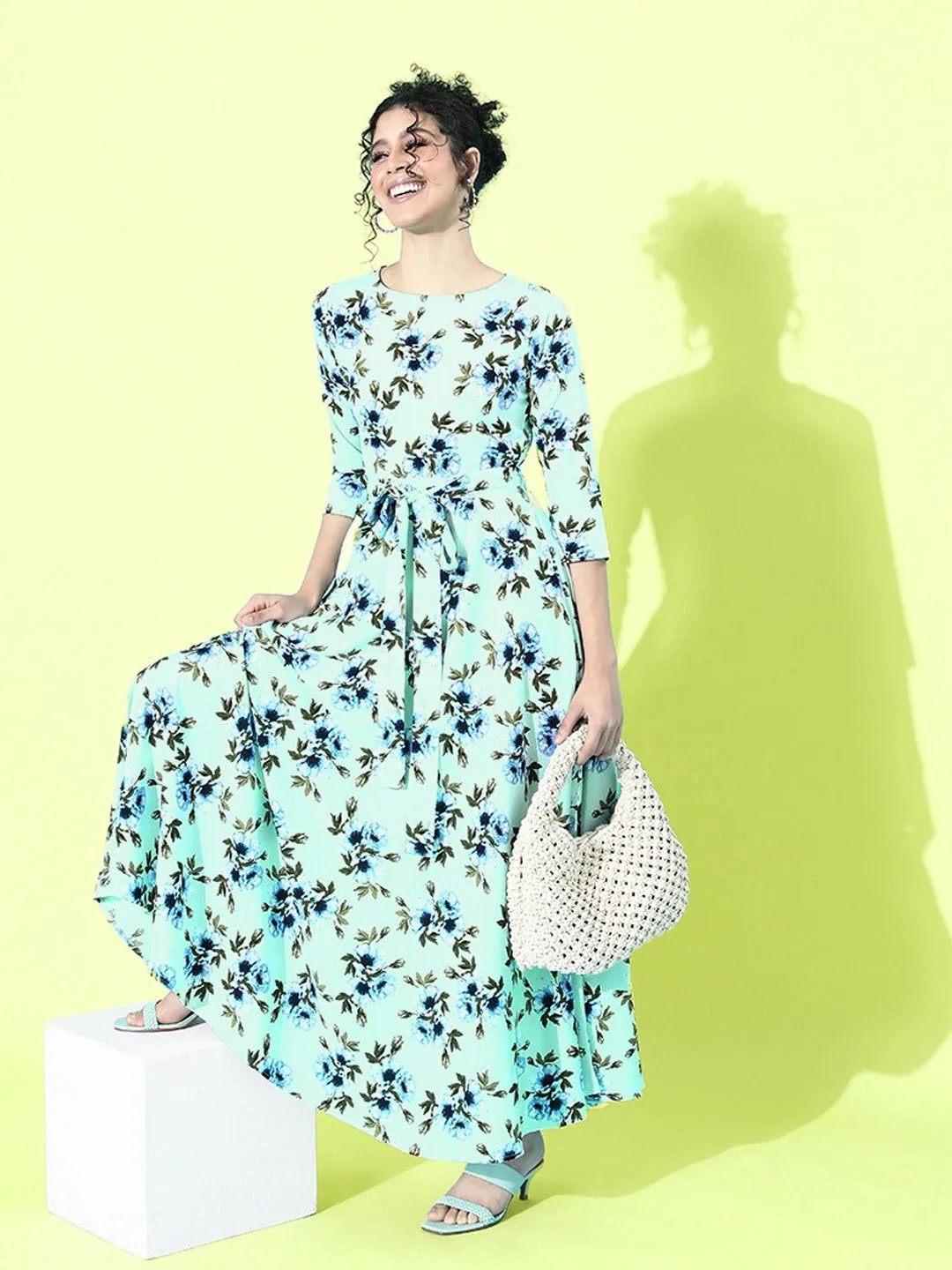 Berrylush Women Green and Blue Floral Printed Round Neck Tie-Waist Maxi Dress