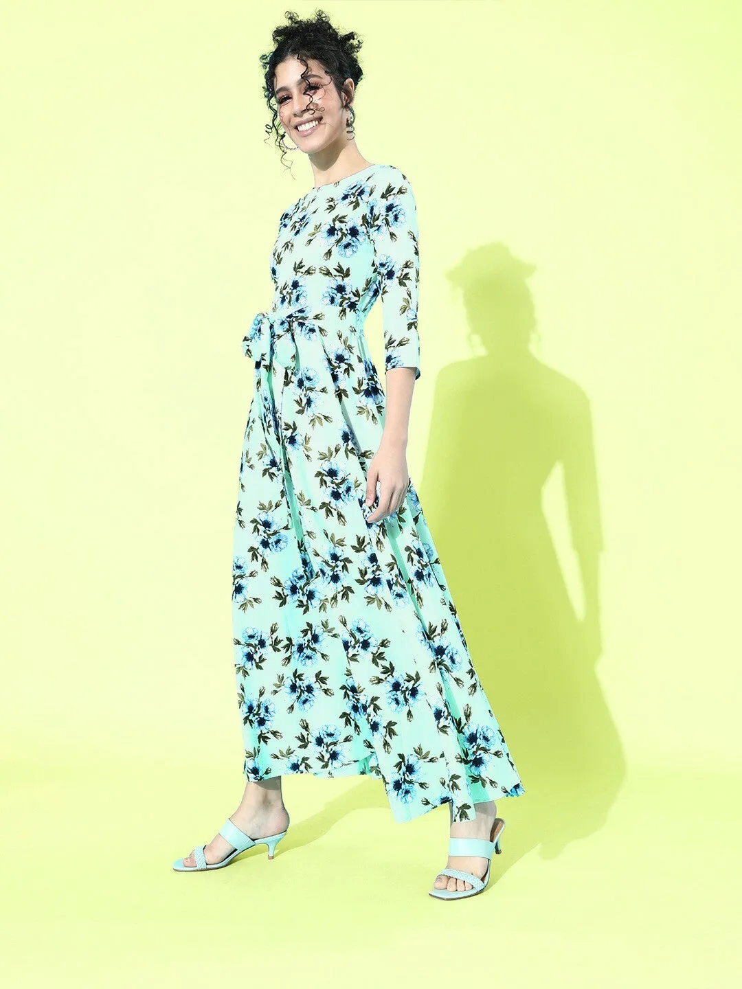 Berrylush Women Green and Blue Floral Printed Round Neck Tie-Waist Maxi Dress