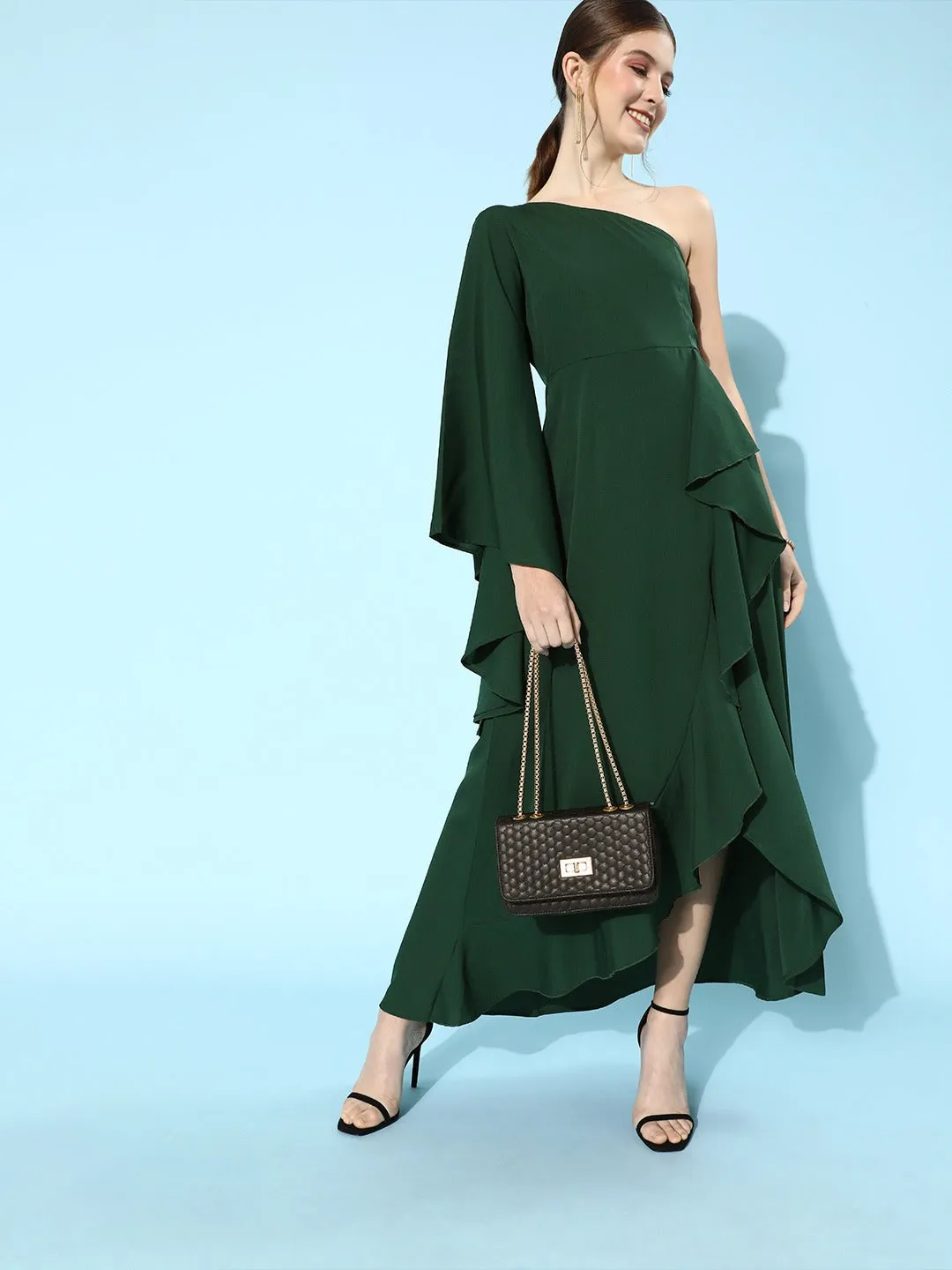 Berrylush Women Solid Green One Shoulder Crepe A-Line Maxi Dress