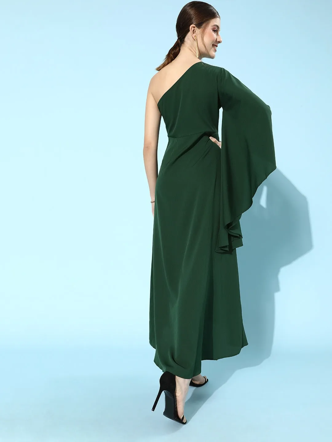 Berrylush Women Solid Green One Shoulder Crepe A-Line Maxi Dress