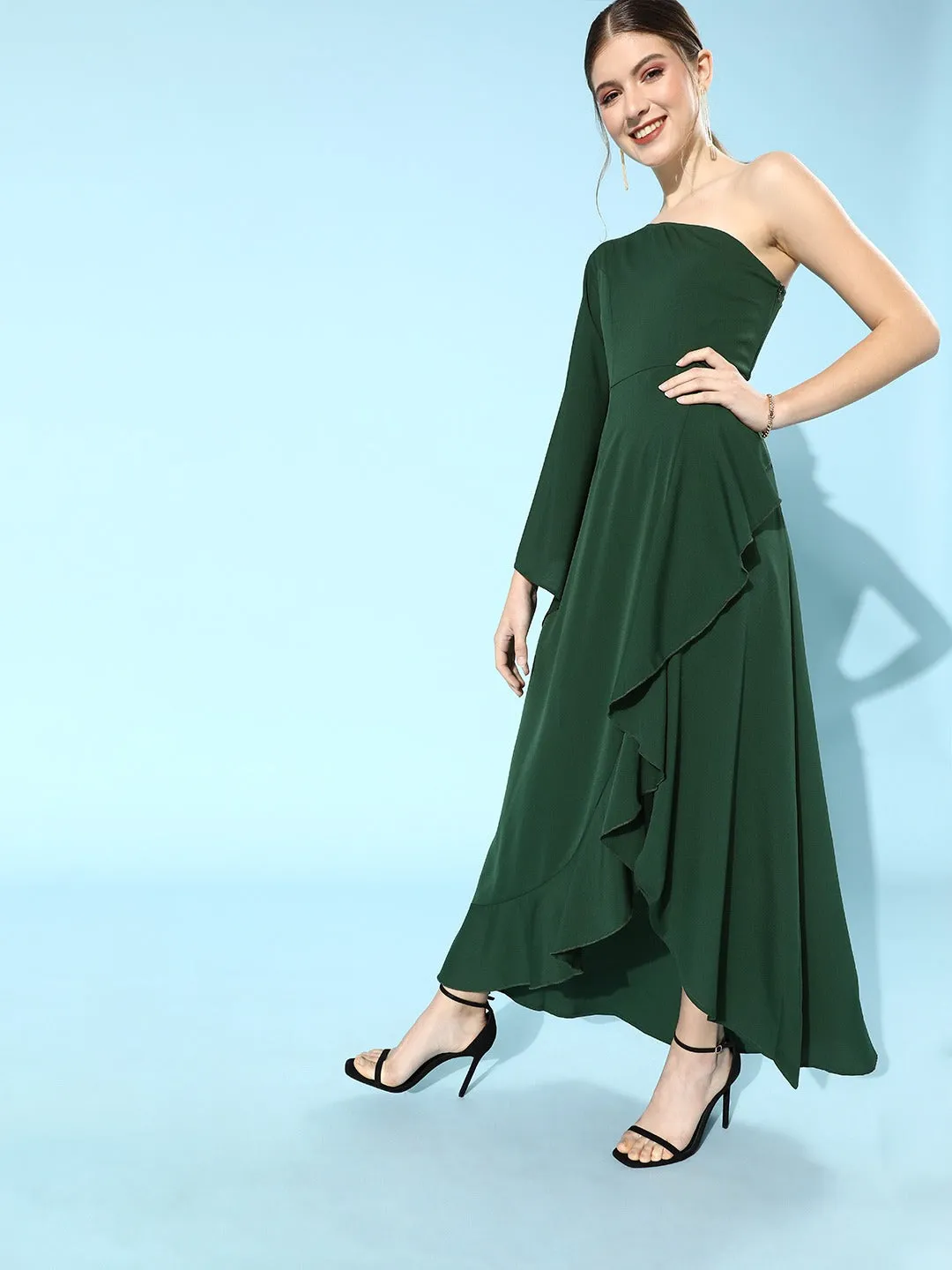 Berrylush Women Solid Green One Shoulder Crepe A-Line Maxi Dress