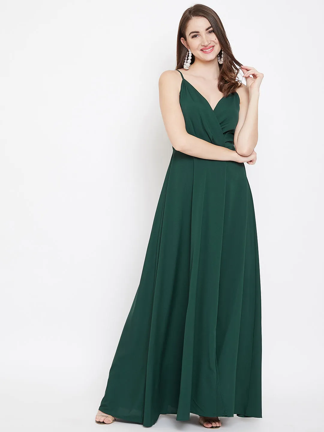 Berrylush Women Solid Green V-Neck Sleeveless Crepe Thigh-High Slit A-Line Maxi Dress