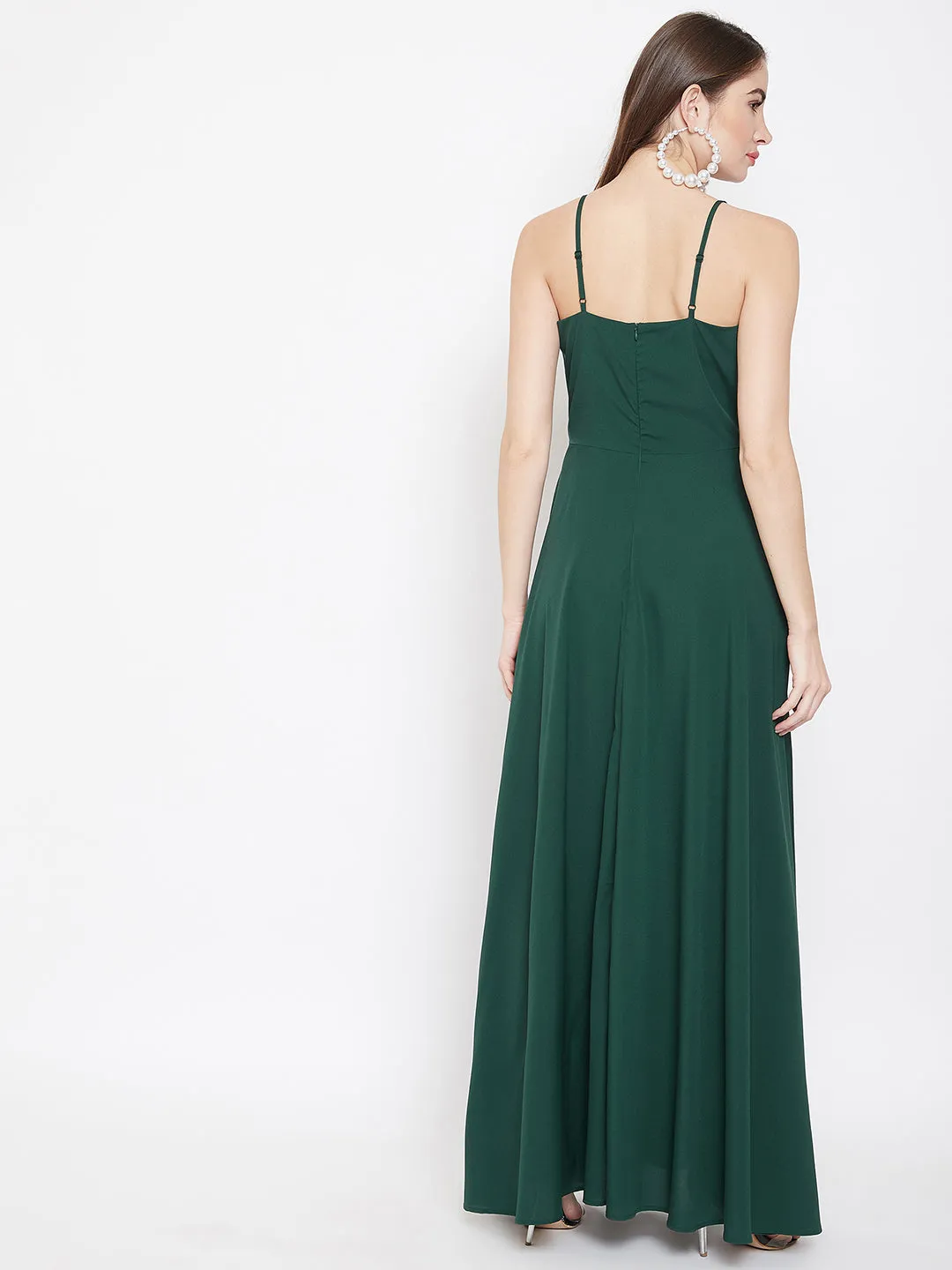 Berrylush Women Solid Green V-Neck Sleeveless Crepe Thigh-High Slit A-Line Maxi Dress