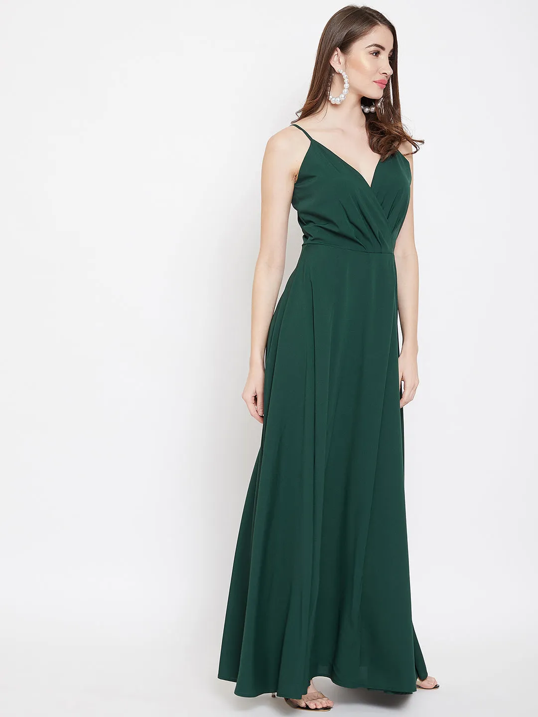 Berrylush Women Solid Green V-Neck Sleeveless Crepe Thigh-High Slit A-Line Maxi Dress