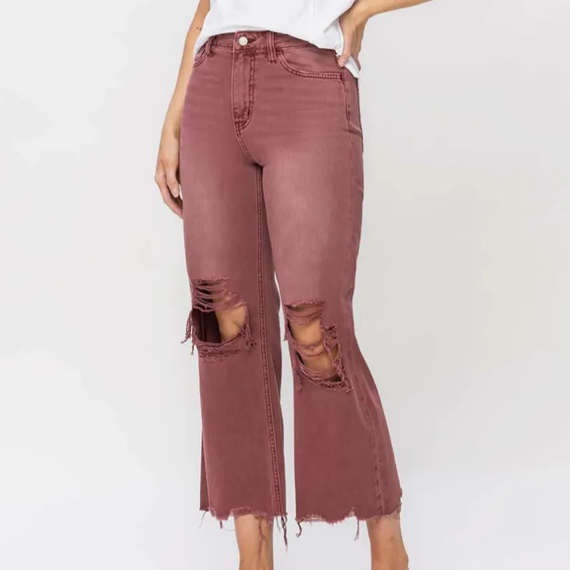 Billie 90's Distressed Vintage Crop Jeans in Washed Burgundy