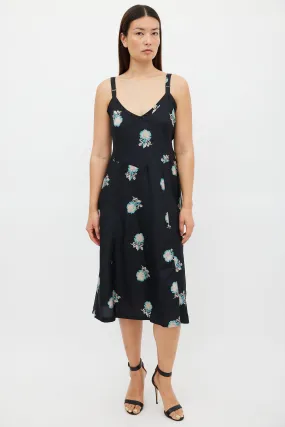 Black & Multicolour Silk Floral Slip Dress