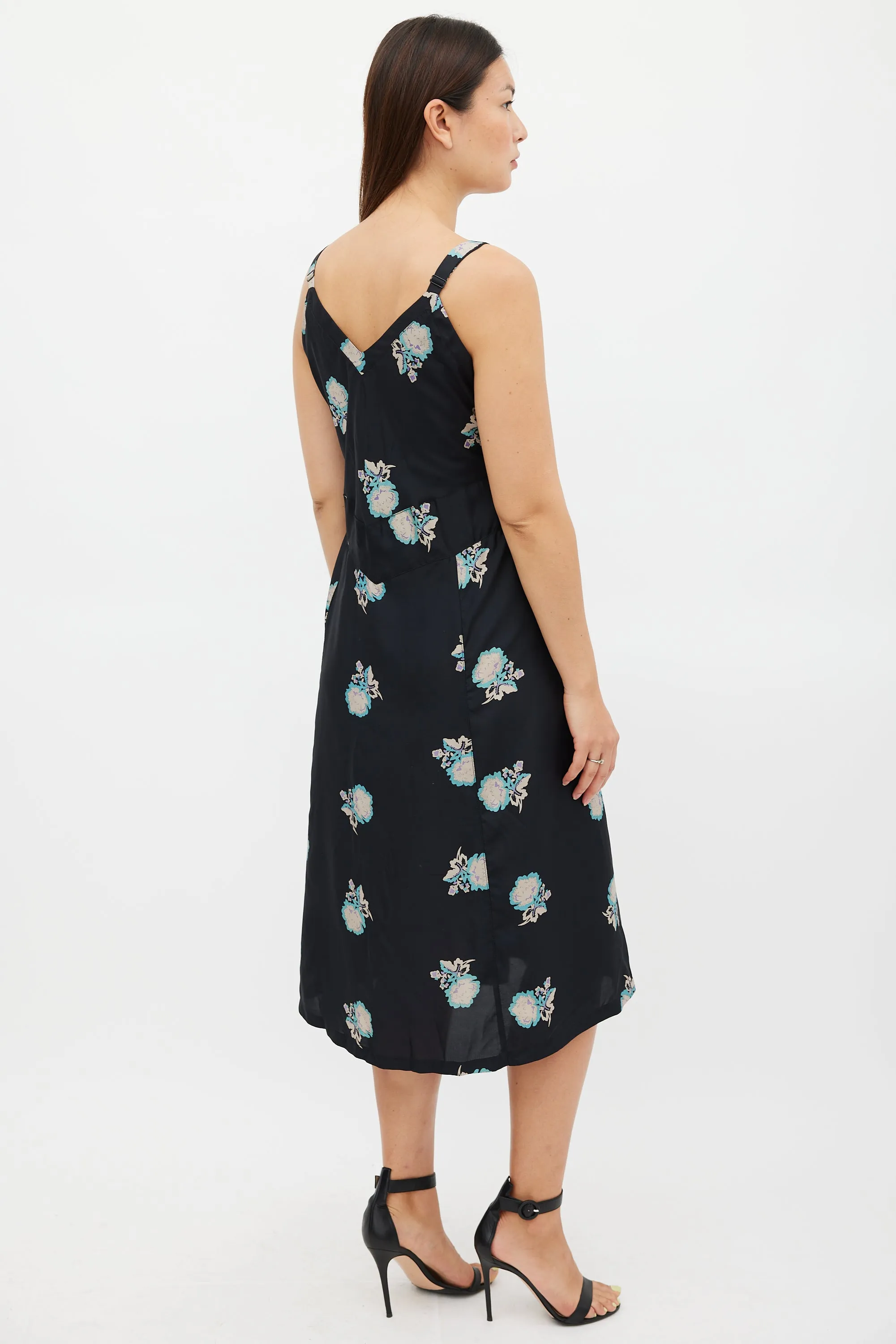 Black & Multicolour Silk Floral Slip Dress