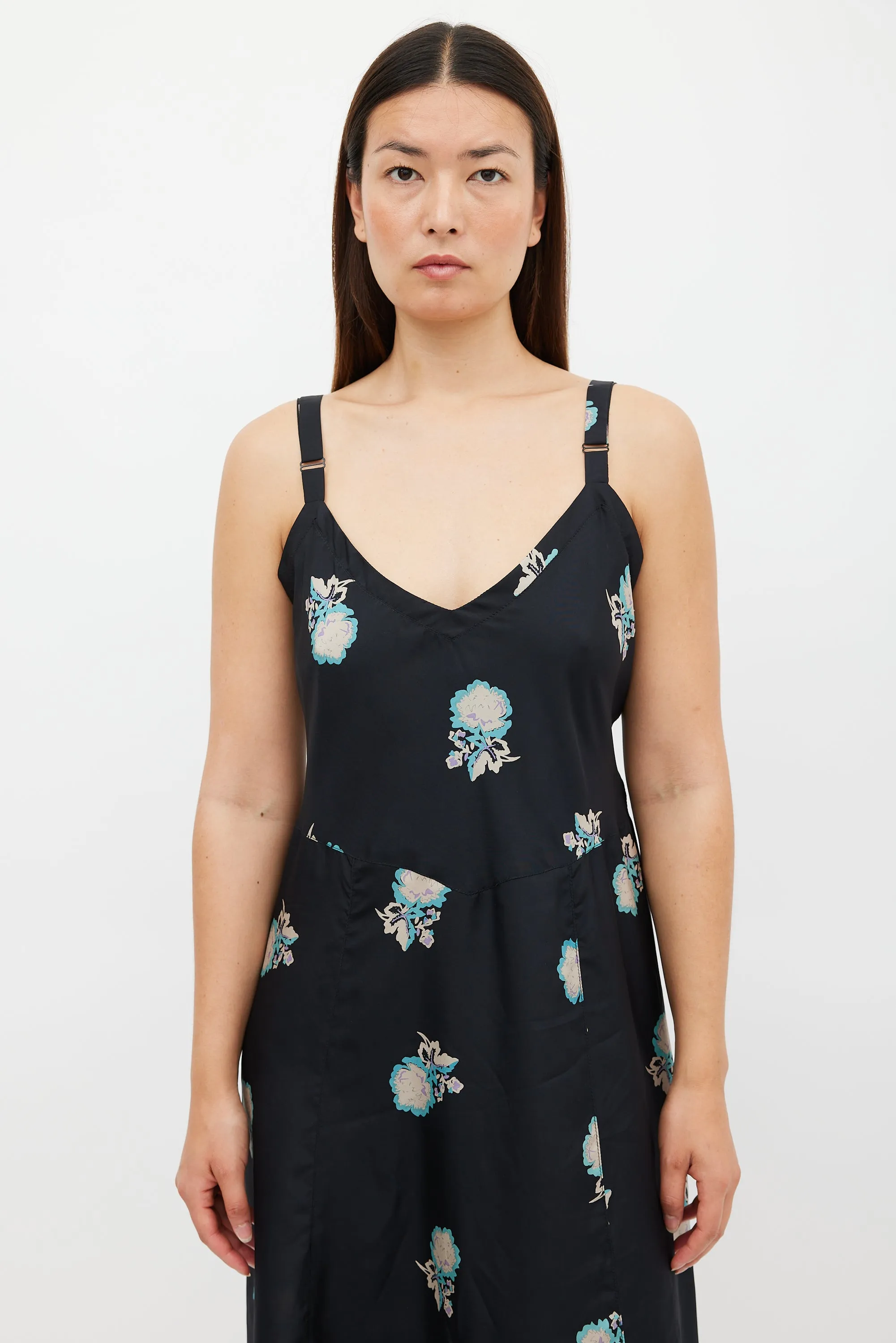 Black & Multicolour Silk Floral Slip Dress