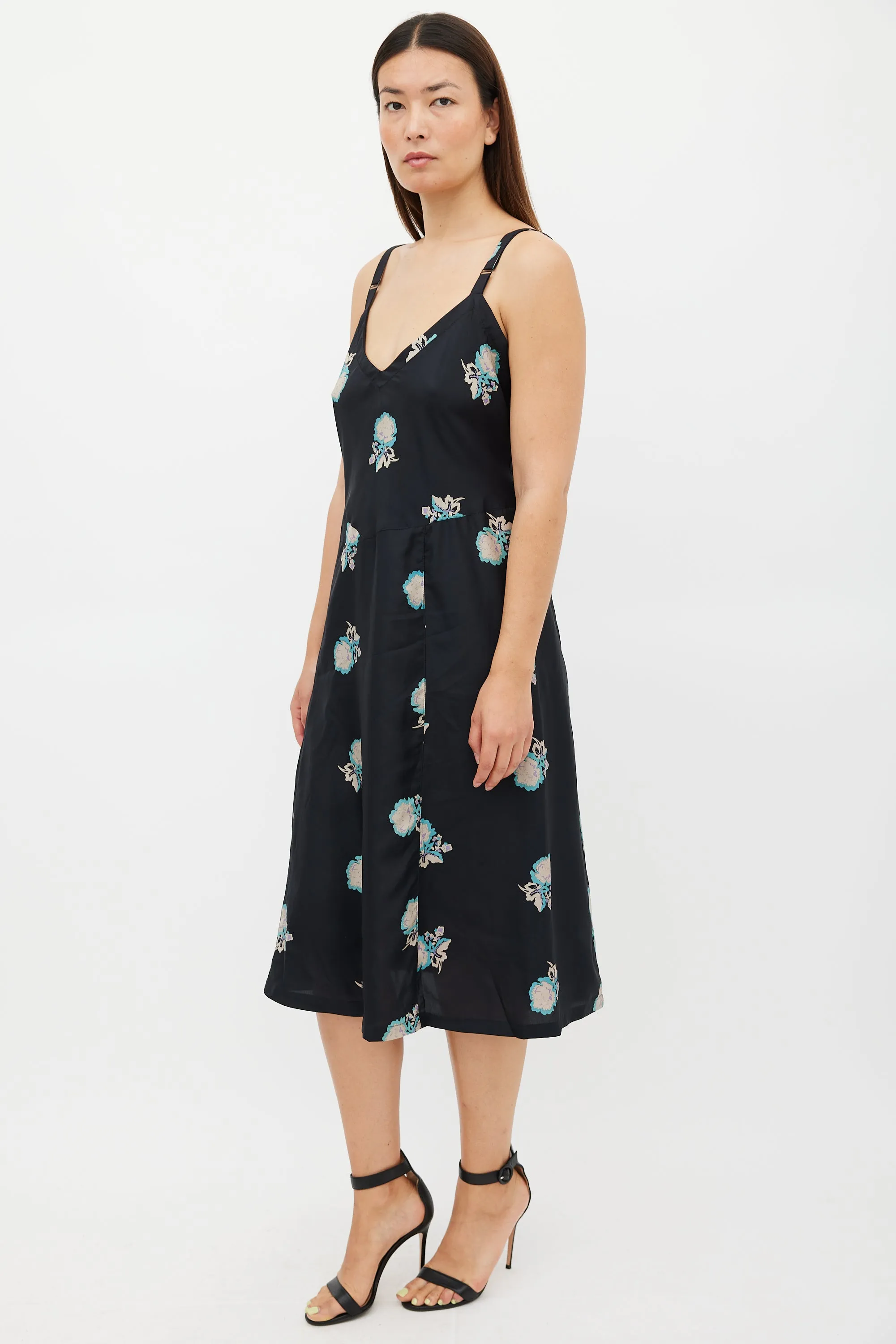 Black & Multicolour Silk Floral Slip Dress