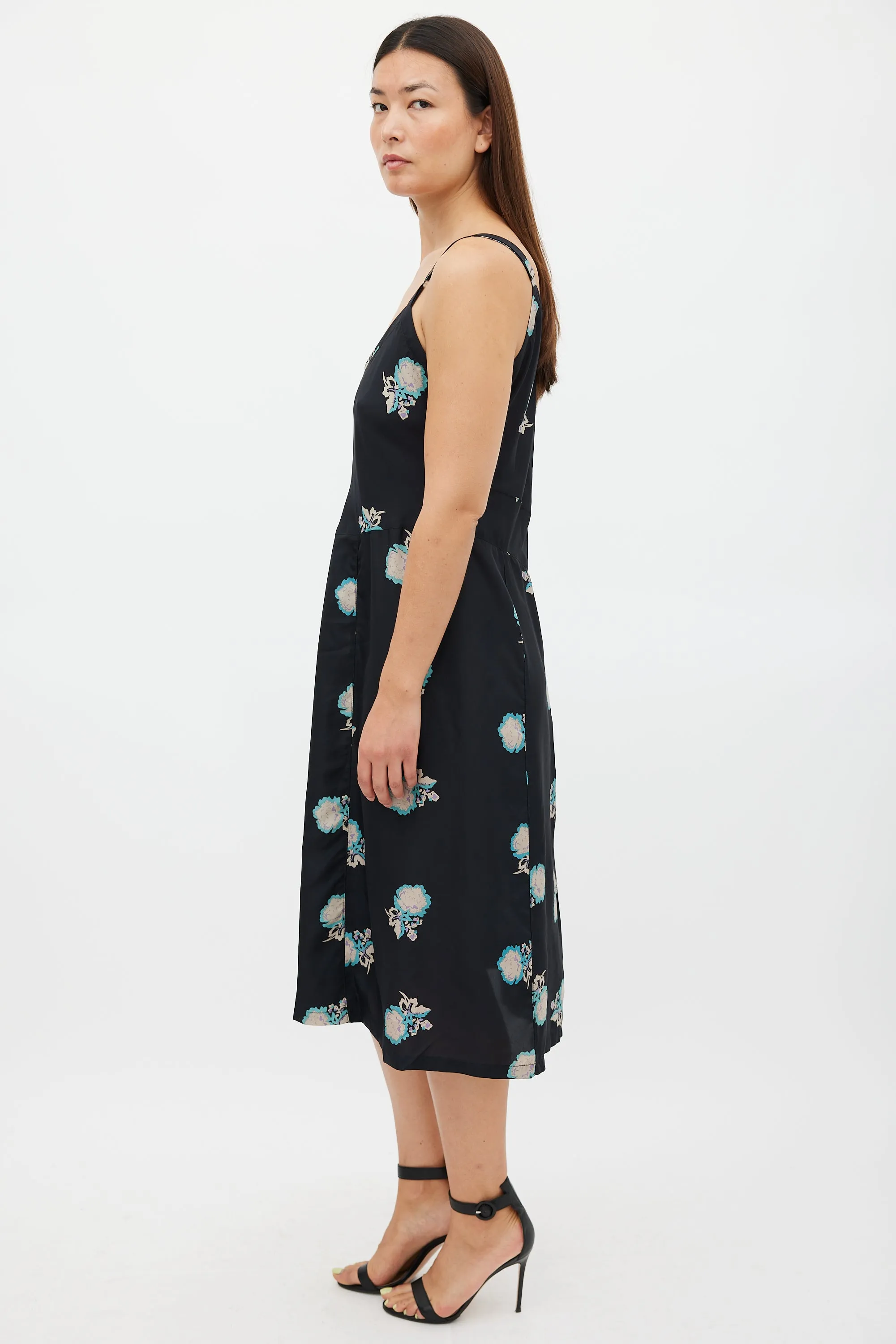 Black & Multicolour Silk Floral Slip Dress