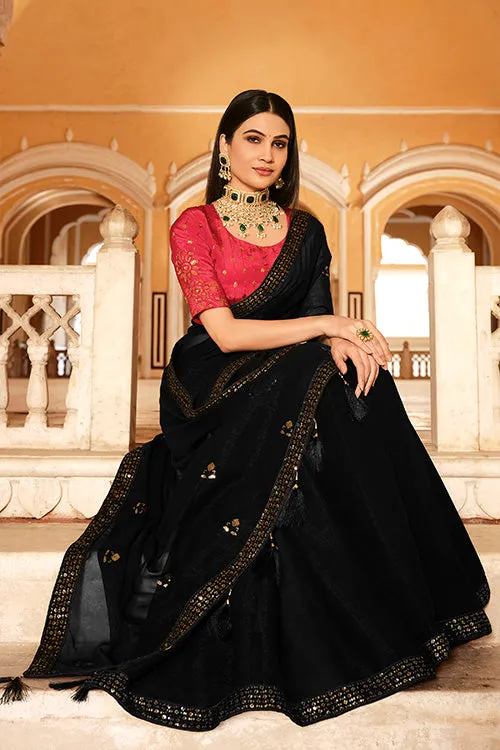 Black Chinon Thread With Sequins Work Saree