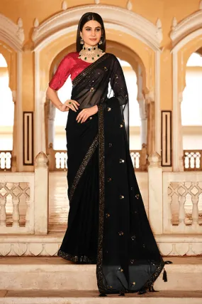 Black Chinon Thread With Sequins Work Saree