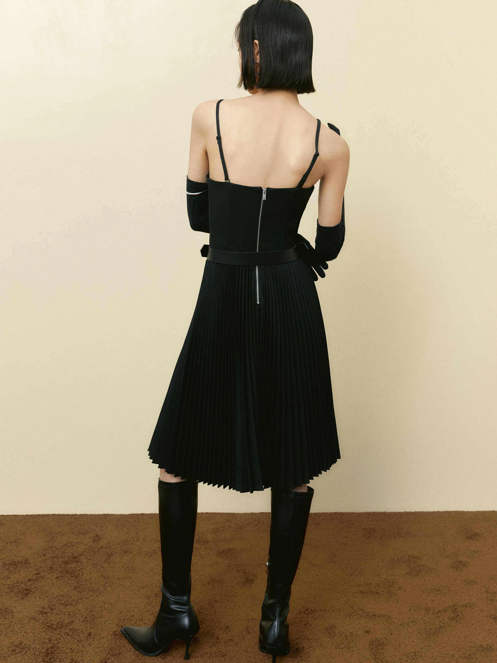 Black Corset Pleated Spaghetti Dress