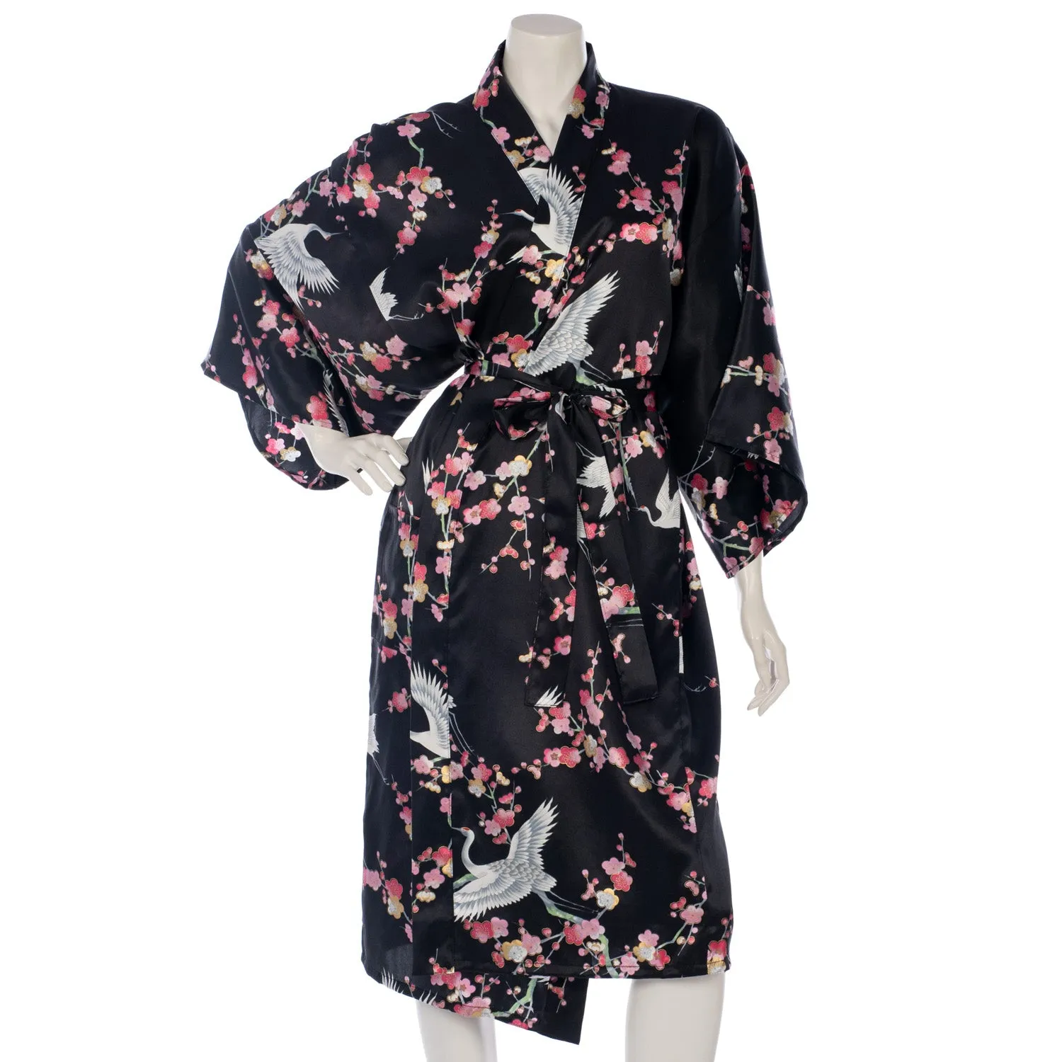 Black Crane and Pink Blossom Short Silk Kimono