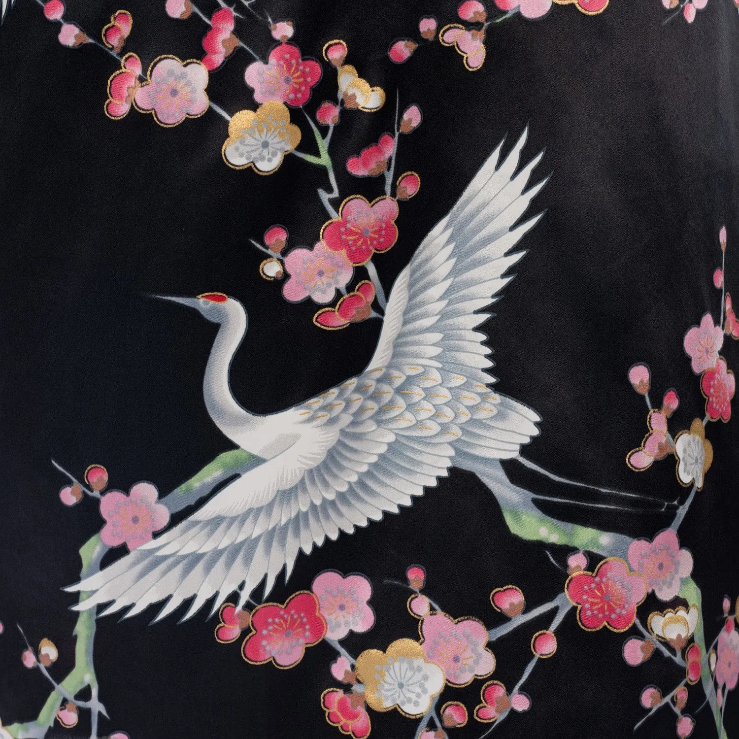 Black Crane and Pink Blossom Short Silk Kimono