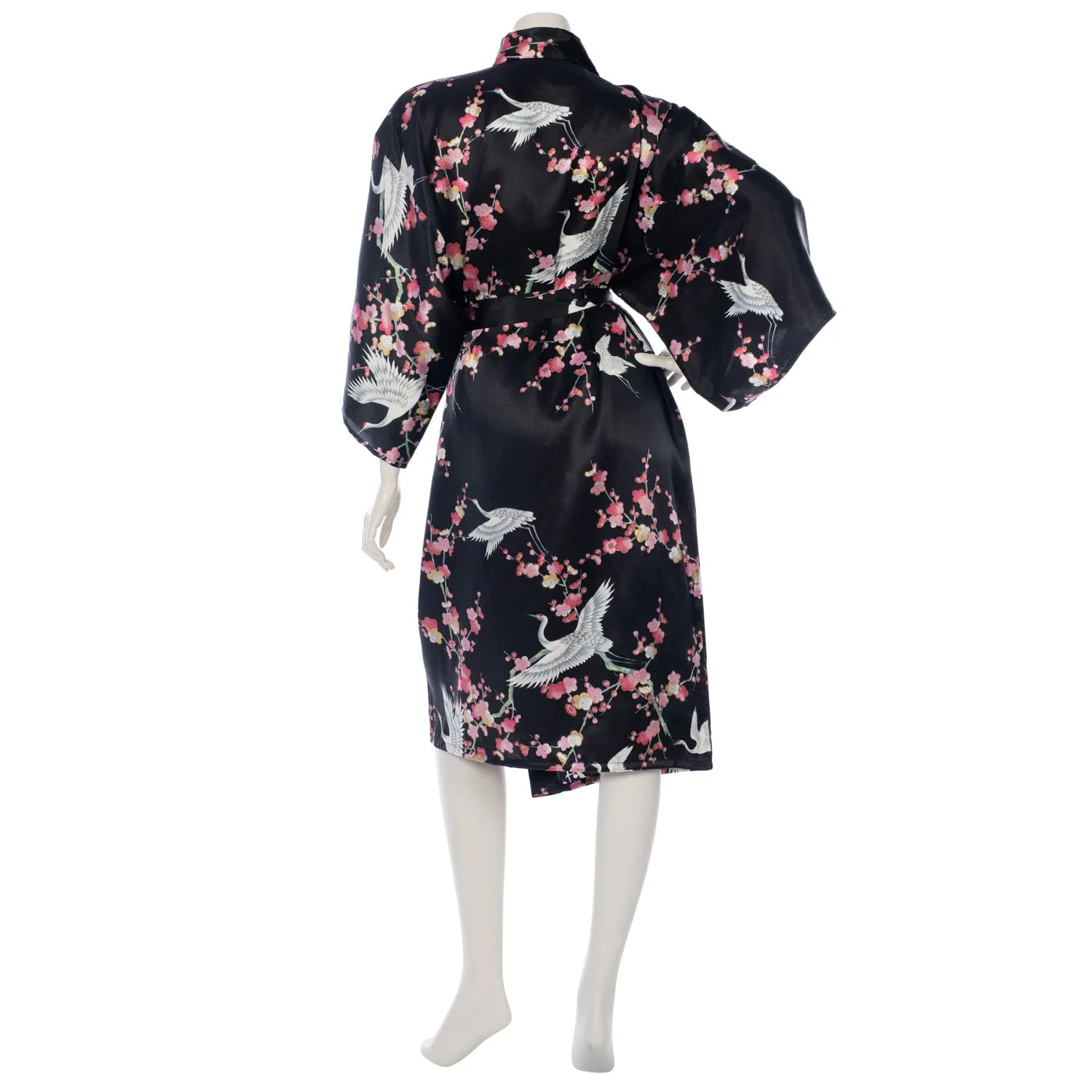 Black Crane and Pink Blossom Short Silk Kimono