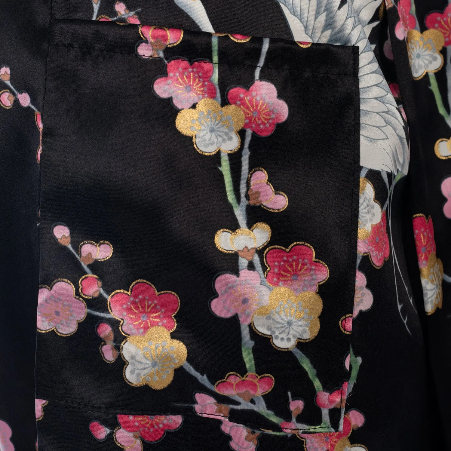 Black Crane and Pink Blossom Short Silk Kimono