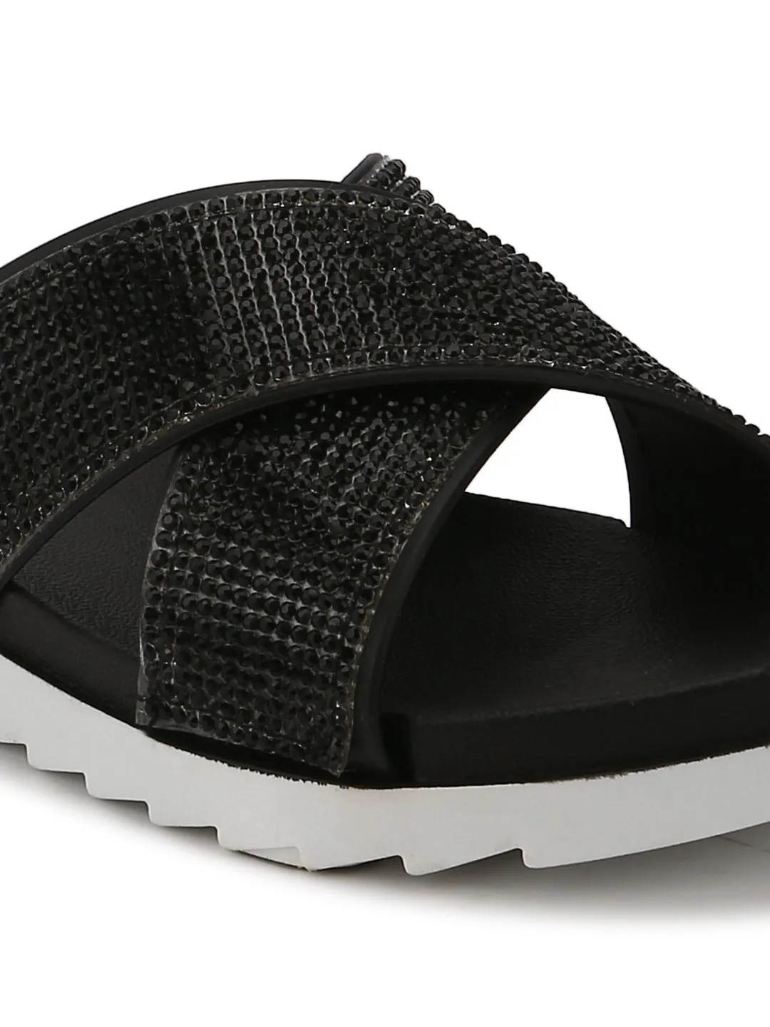 Black Diamante Crossover Slip-On Flats