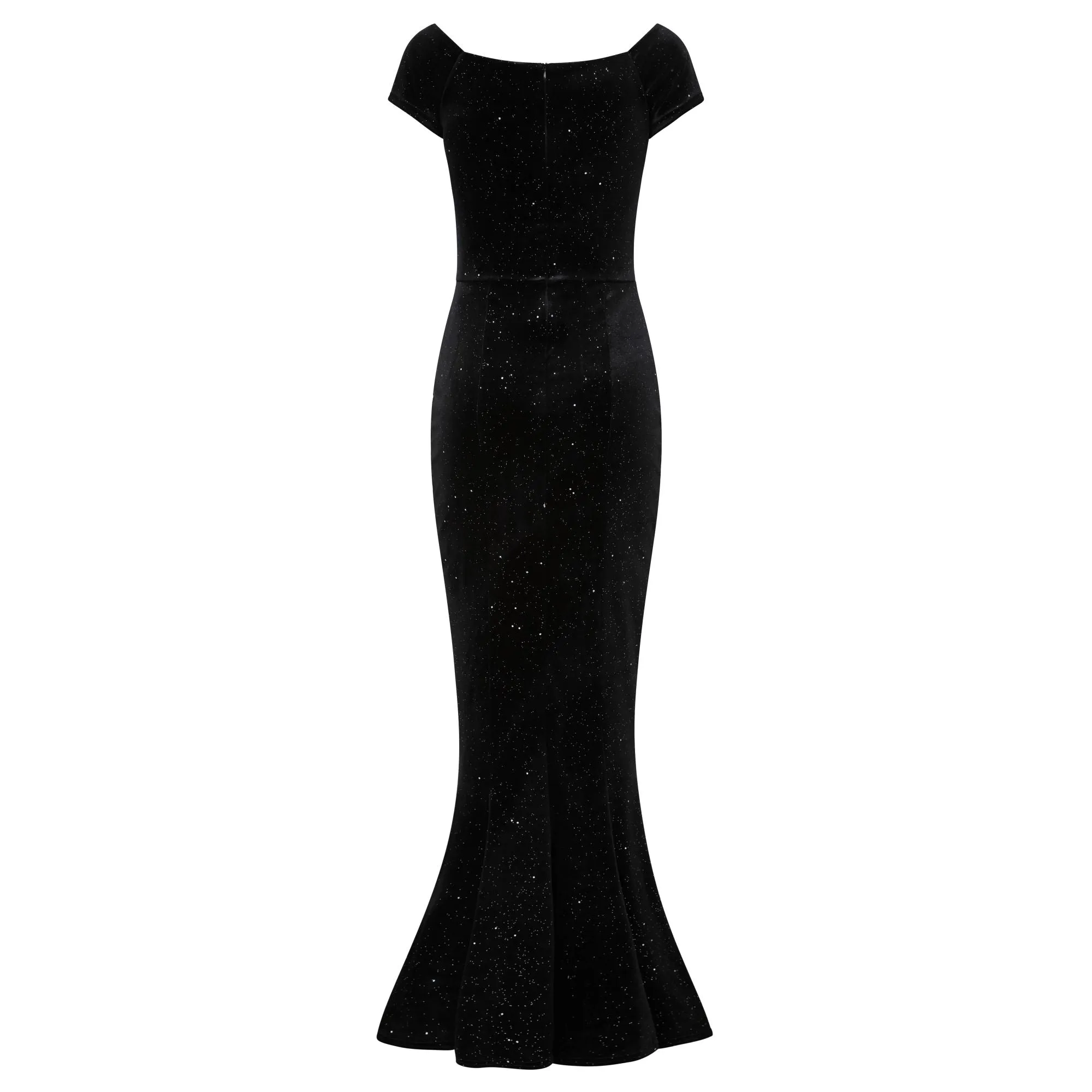 Black Diamante Glitter Sparkle Cap Sleeve Twist Bust Fishtail Hem Velour Maxi Dress