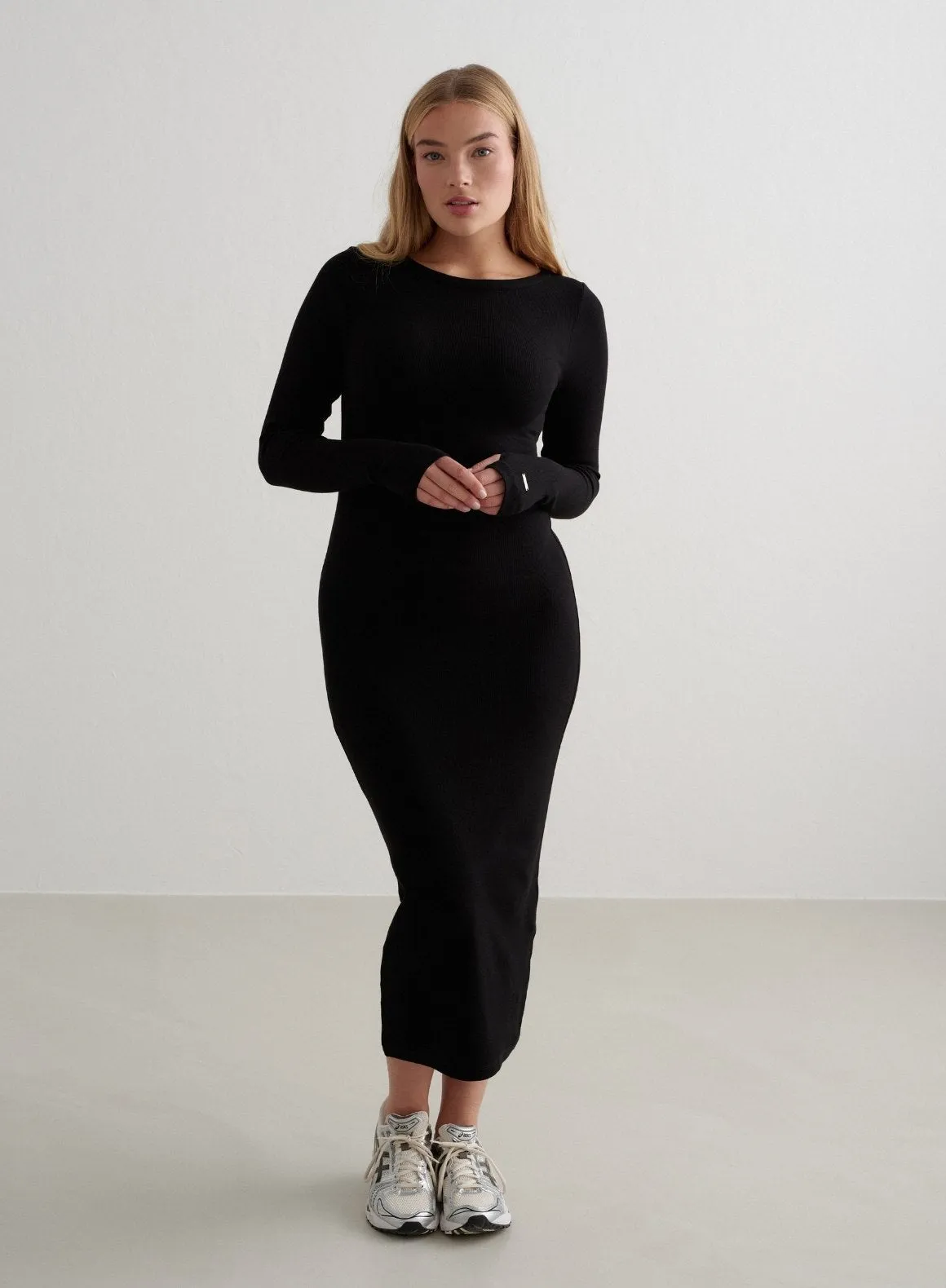 Black Ease Ribbed Long Sleeve Dress