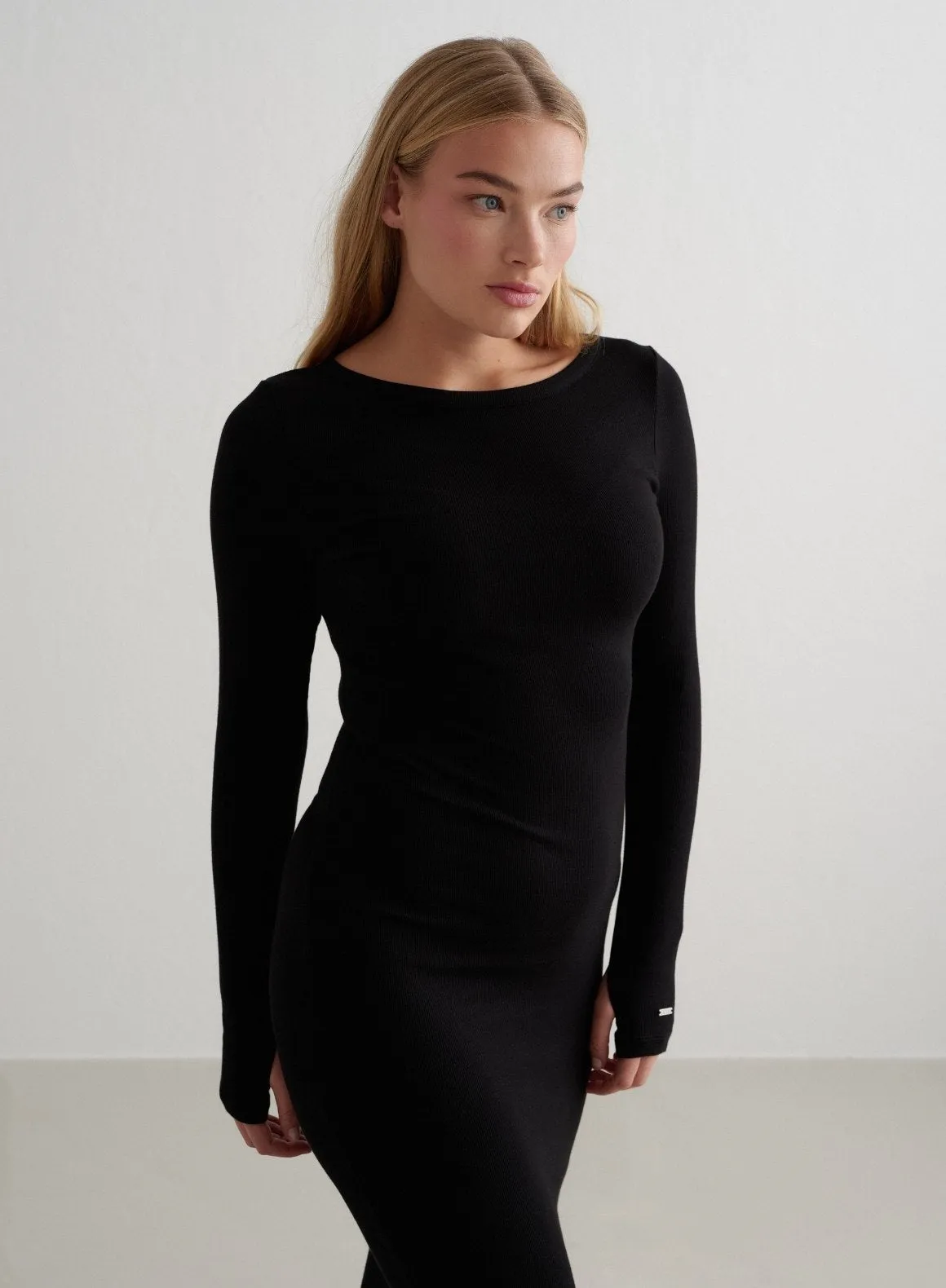 Black Ease Ribbed Long Sleeve Dress