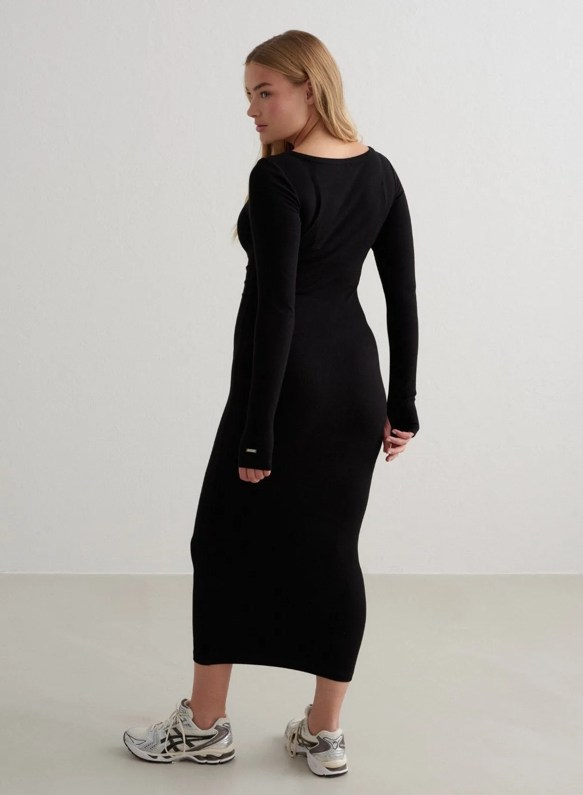 Black Ease Ribbed Long Sleeve Dress