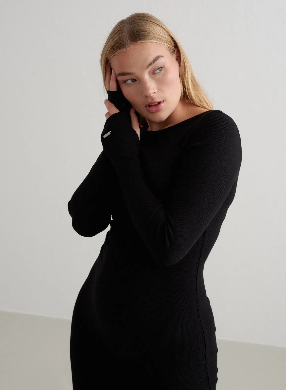 Black Ease Ribbed Long Sleeve Dress