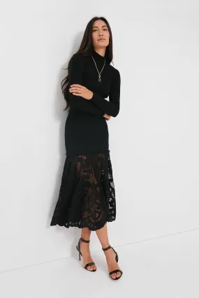 Black Joelle Applique Ribbed Dress with Mesh