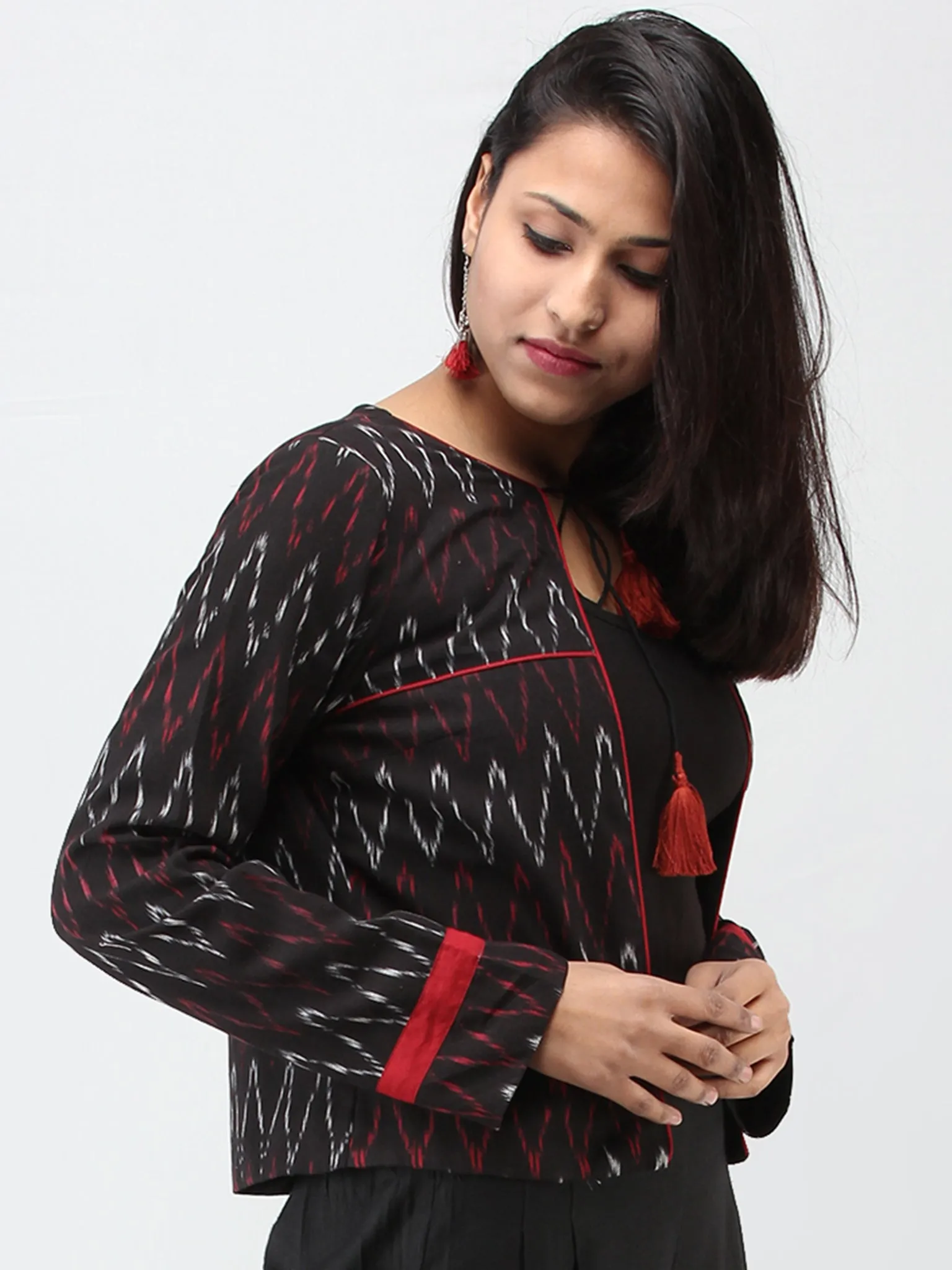 Black Maroon Grey Hand Woven Ikat Crop Jacket - J09FXXX