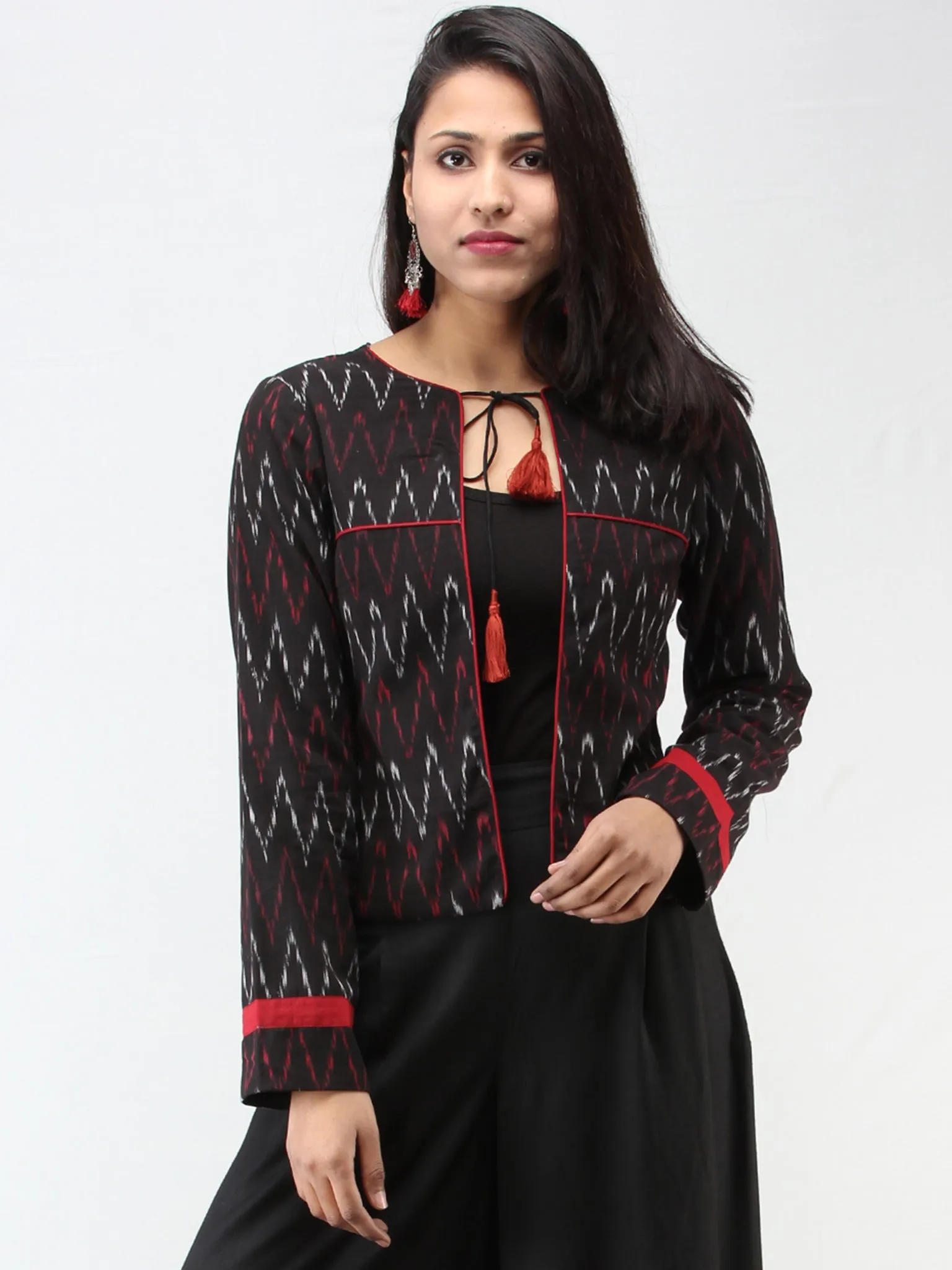 Black Maroon Grey Hand Woven Ikat Crop Jacket - J09FXXX