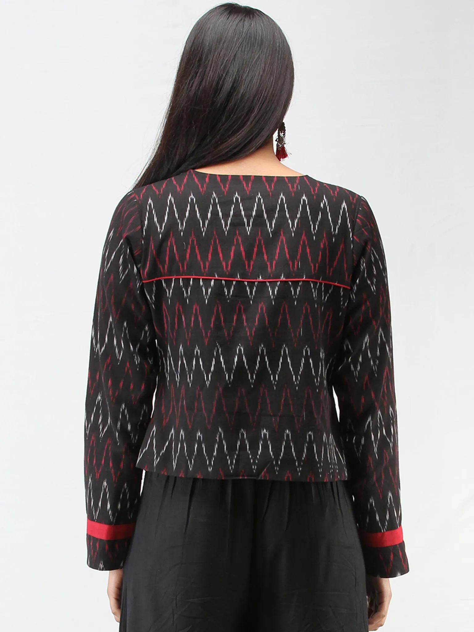 Black Maroon Grey Hand Woven Ikat Crop Jacket - J09FXXX