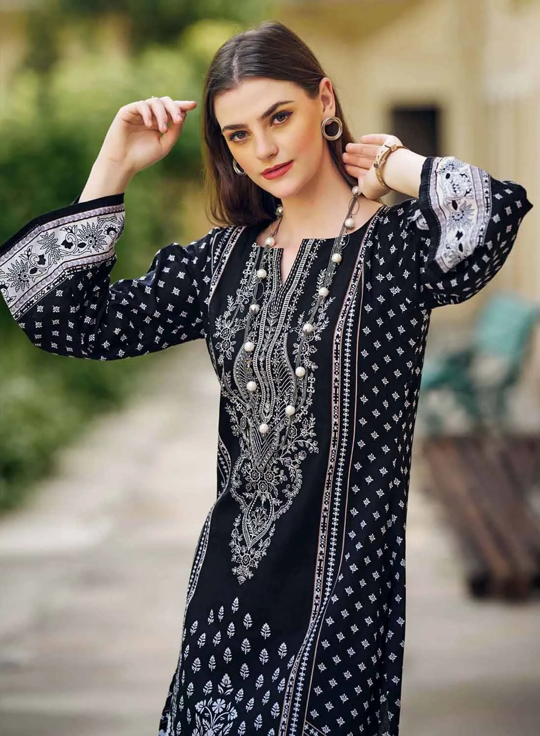 Black Pakistani Print Unstitched Pure Cotton Suit Set with Embroidery