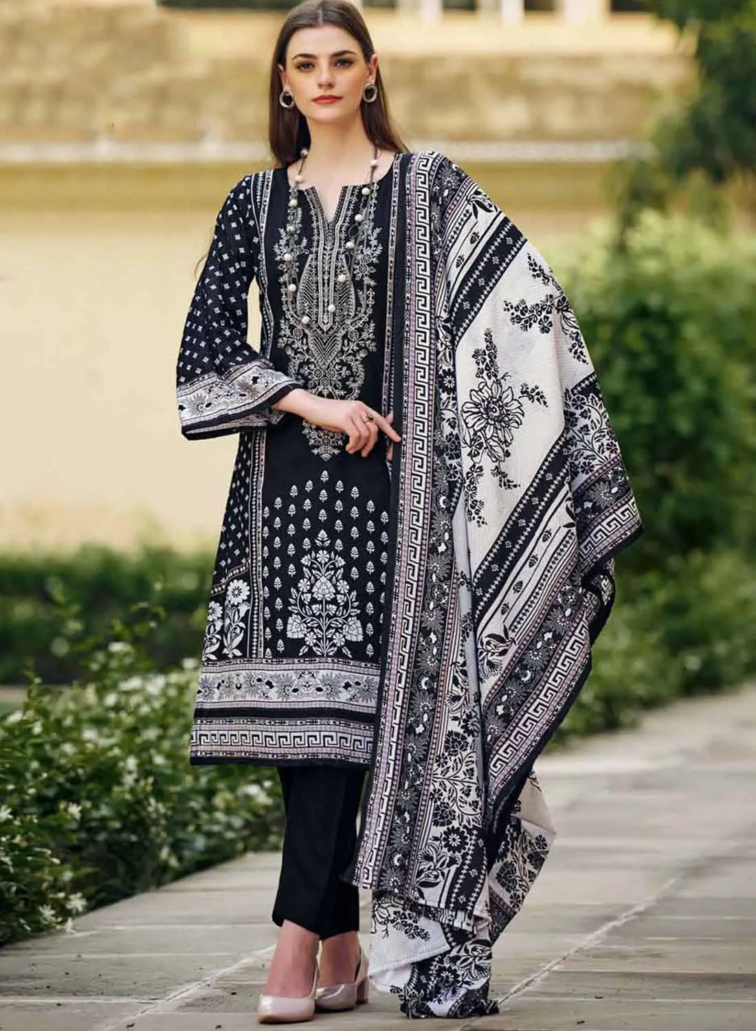 Black Pakistani Print Unstitched Pure Cotton Suit Set with Embroidery