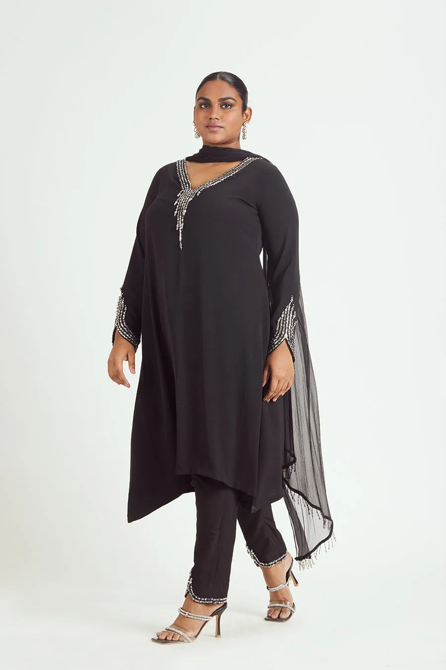 BLACK SATIN KURTA AND TROUSER SET