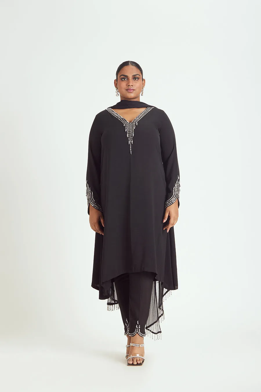 BLACK SATIN KURTA AND TROUSER SET