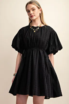 Black Textured Puff Sleeve Dress