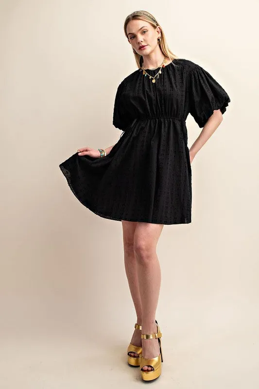 Black Textured Puff Sleeve Dress