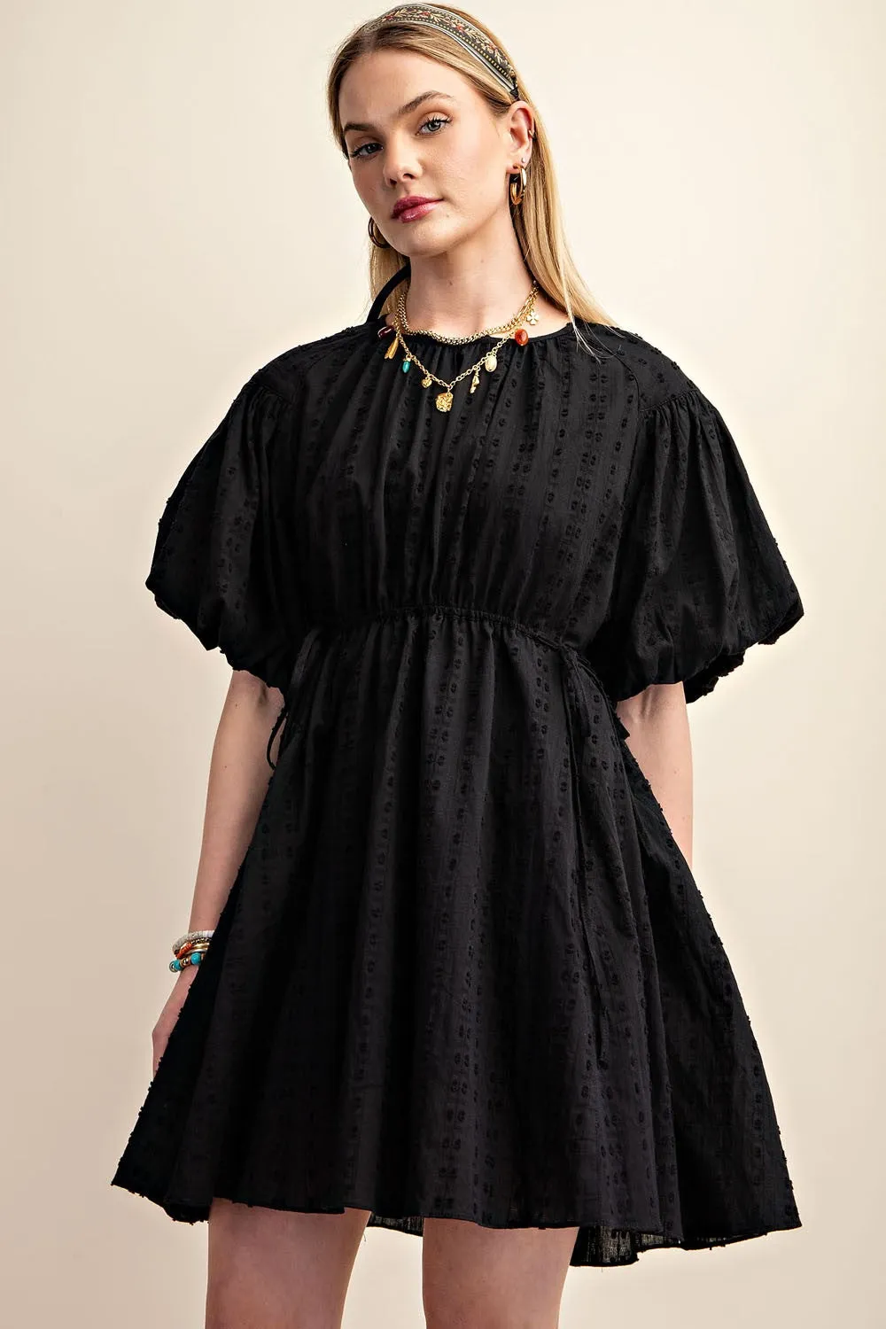 Black Textured Puff Sleeve Dress