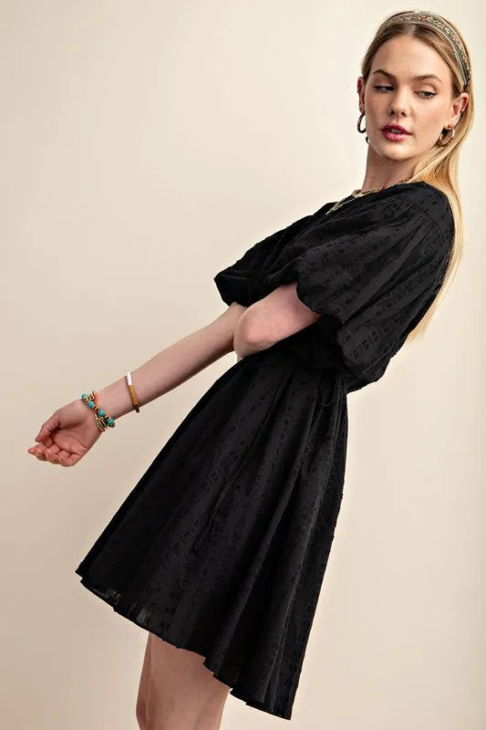 Black Textured Puff Sleeve Dress