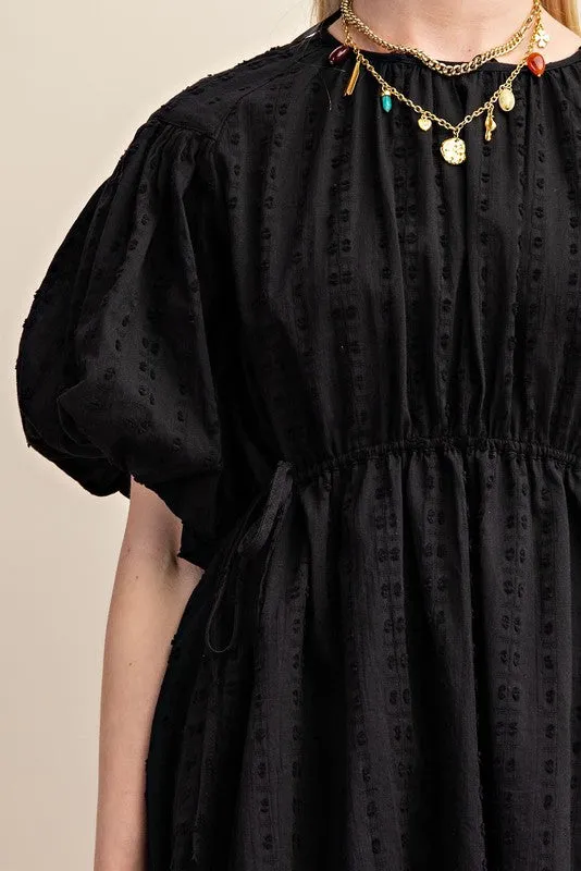 Black Textured Puff Sleeve Dress