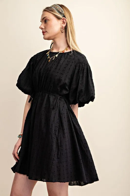 Black Textured Puff Sleeve Dress