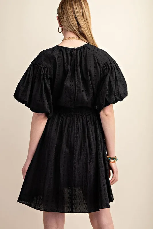 Black Textured Puff Sleeve Dress