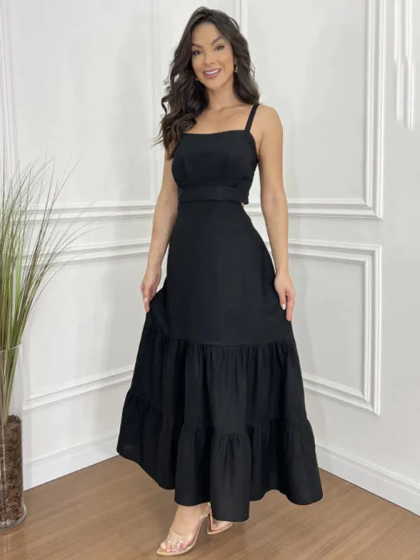 Black Tiered Maxi Dress with Sweetheart Neckline for Elegant Looks