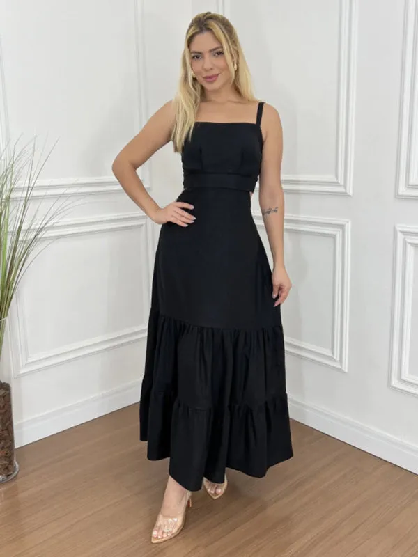 Black Tiered Maxi Dress with Sweetheart Neckline for Elegant Looks