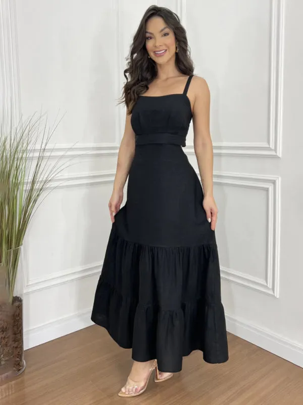 Black Tiered Maxi Dress with Sweetheart Neckline for Elegant Looks