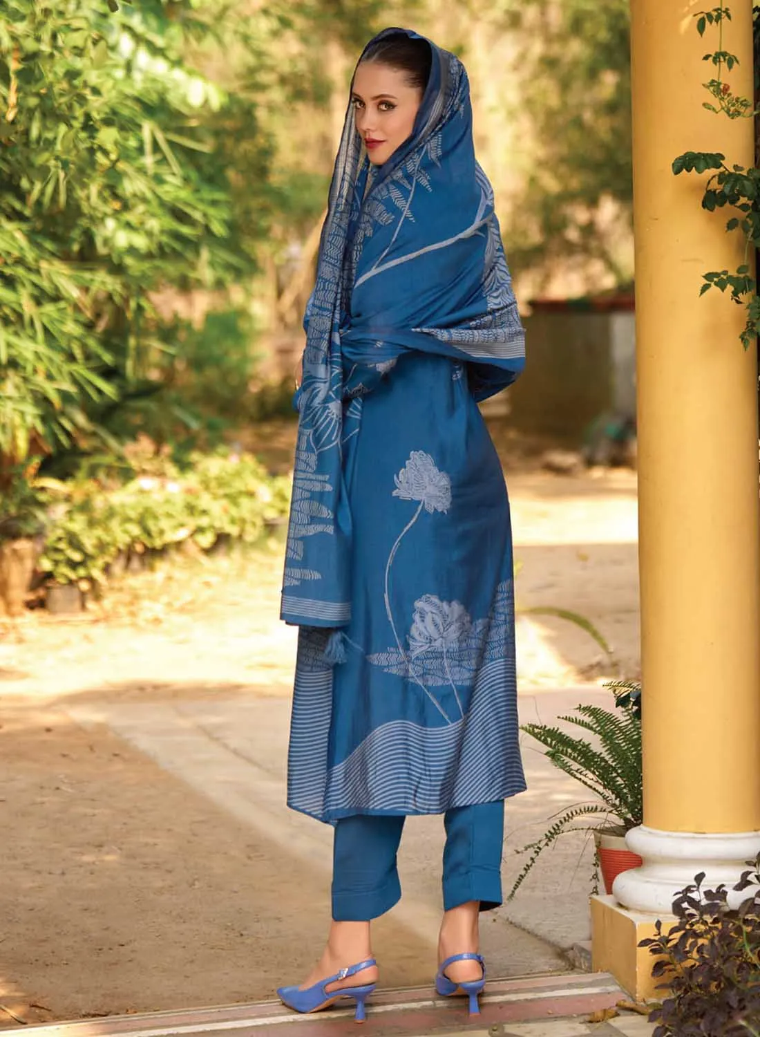 Blue Party Wear Muslin Unstitched Suit Material for Women