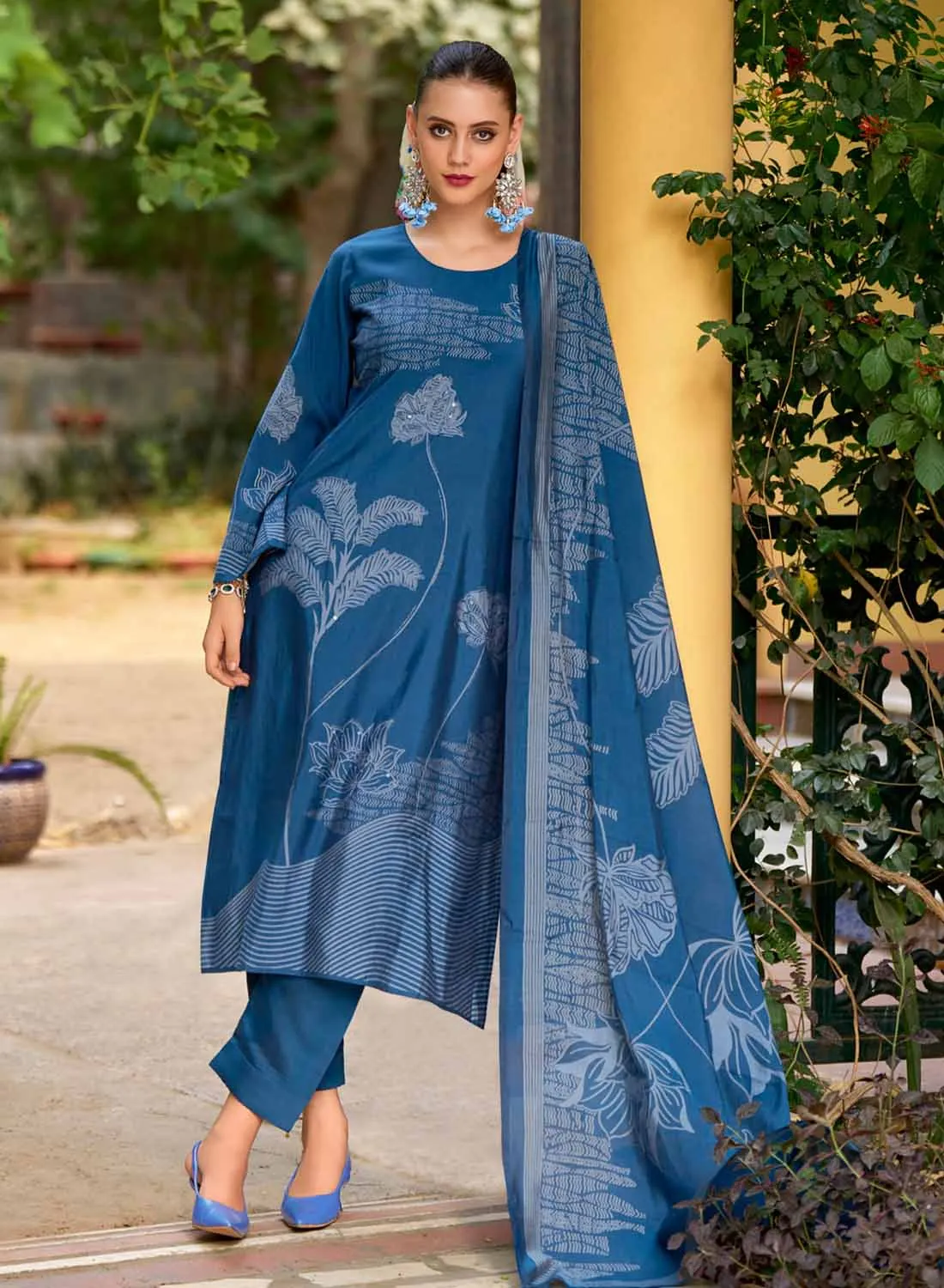 Blue Party Wear Muslin Unstitched Suit Material for Women