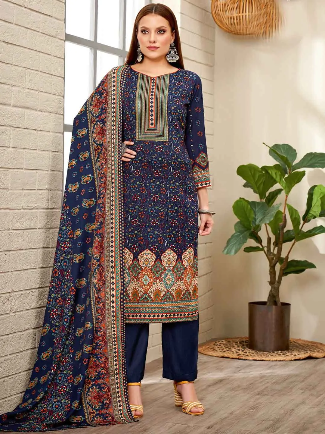 Blue Printed Spun Pashmina Unstitched Winter Suit