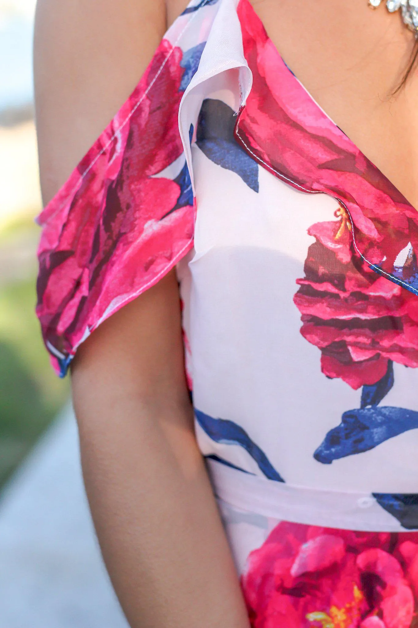 Blush and Fuchsia Floral Off Shoulder Wrap Dress