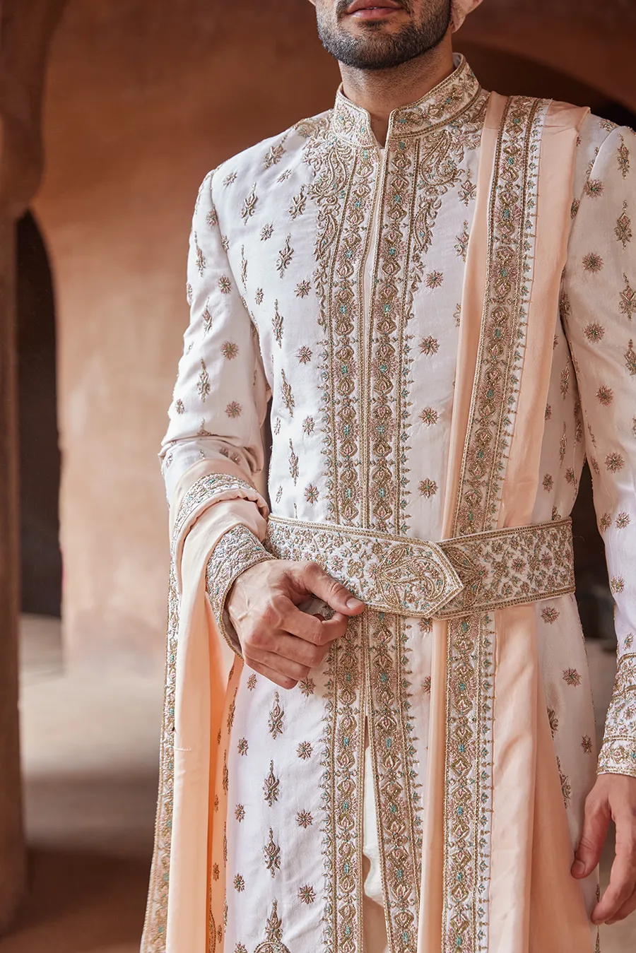 BLUSH PINK TAFETTA SILK EMBROIDERED SHERWANI KURTA TROUSER SET